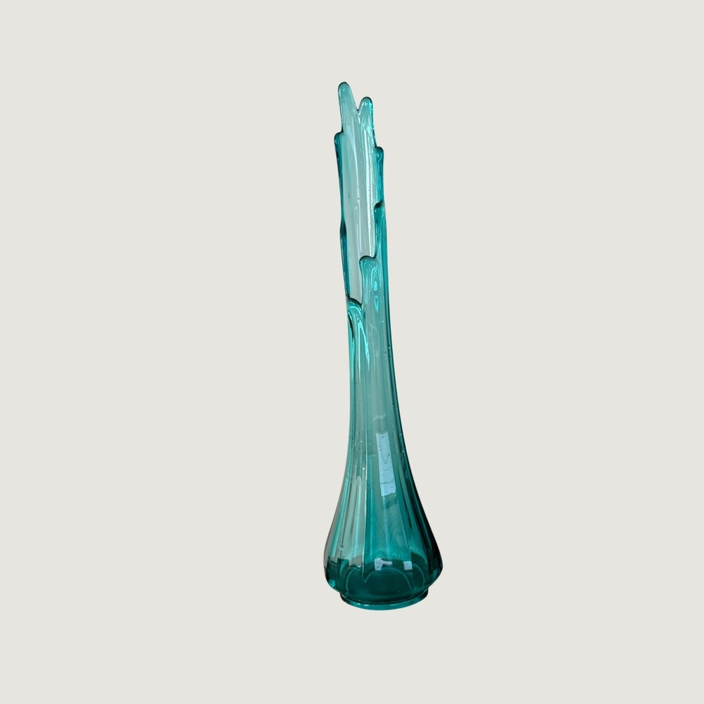 Mid Century Modern Turquoise Blue Swung Glass Vase Five Finger MCM Decor